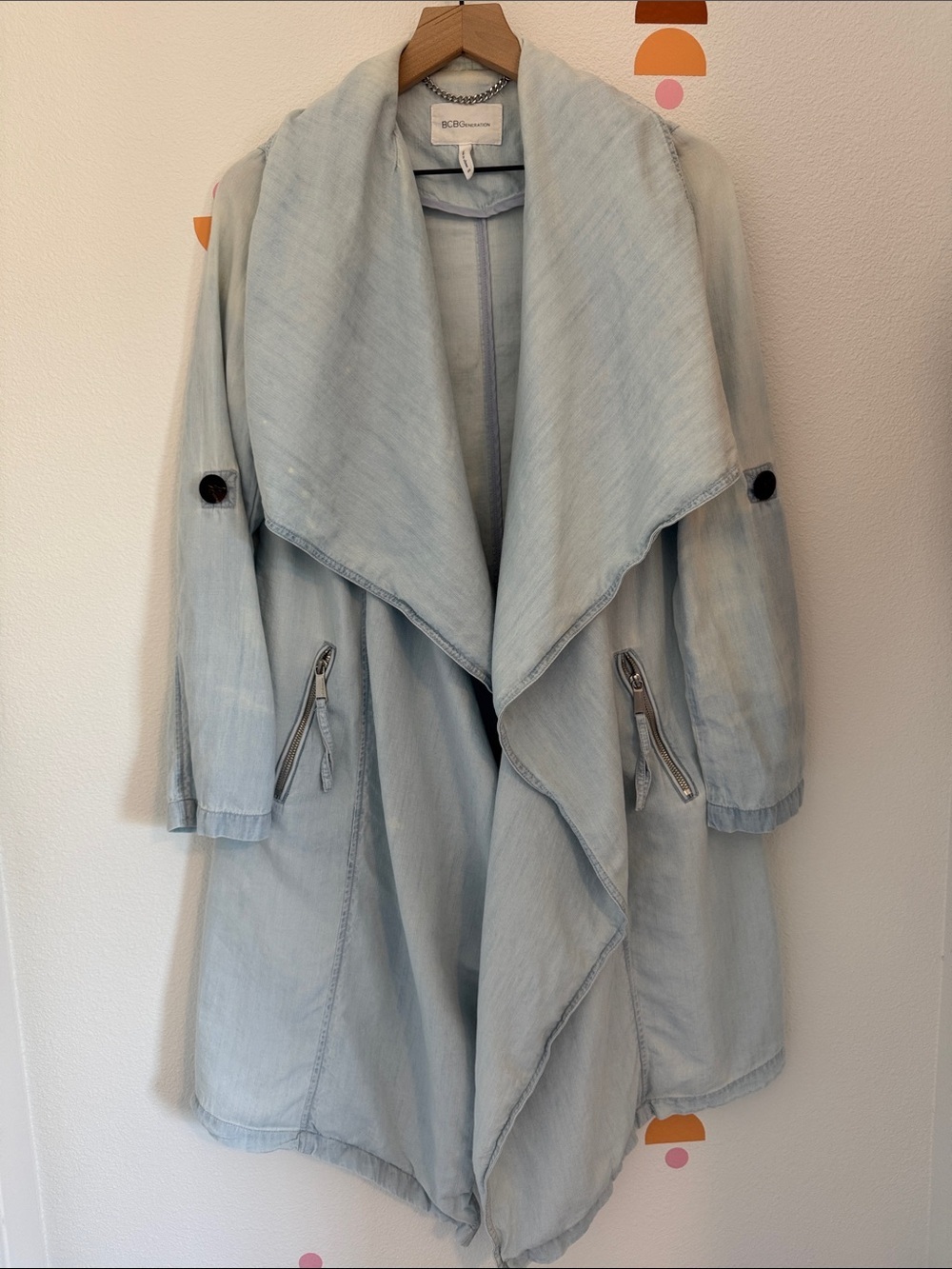 BCBGeneration Light Blue Draped Denim Trench with Zip Pockets N0025